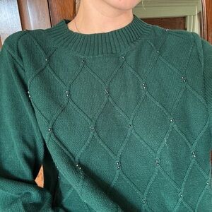 Karen Scott Emerald Green Quilted Crewneck Sweater with Bead Detail